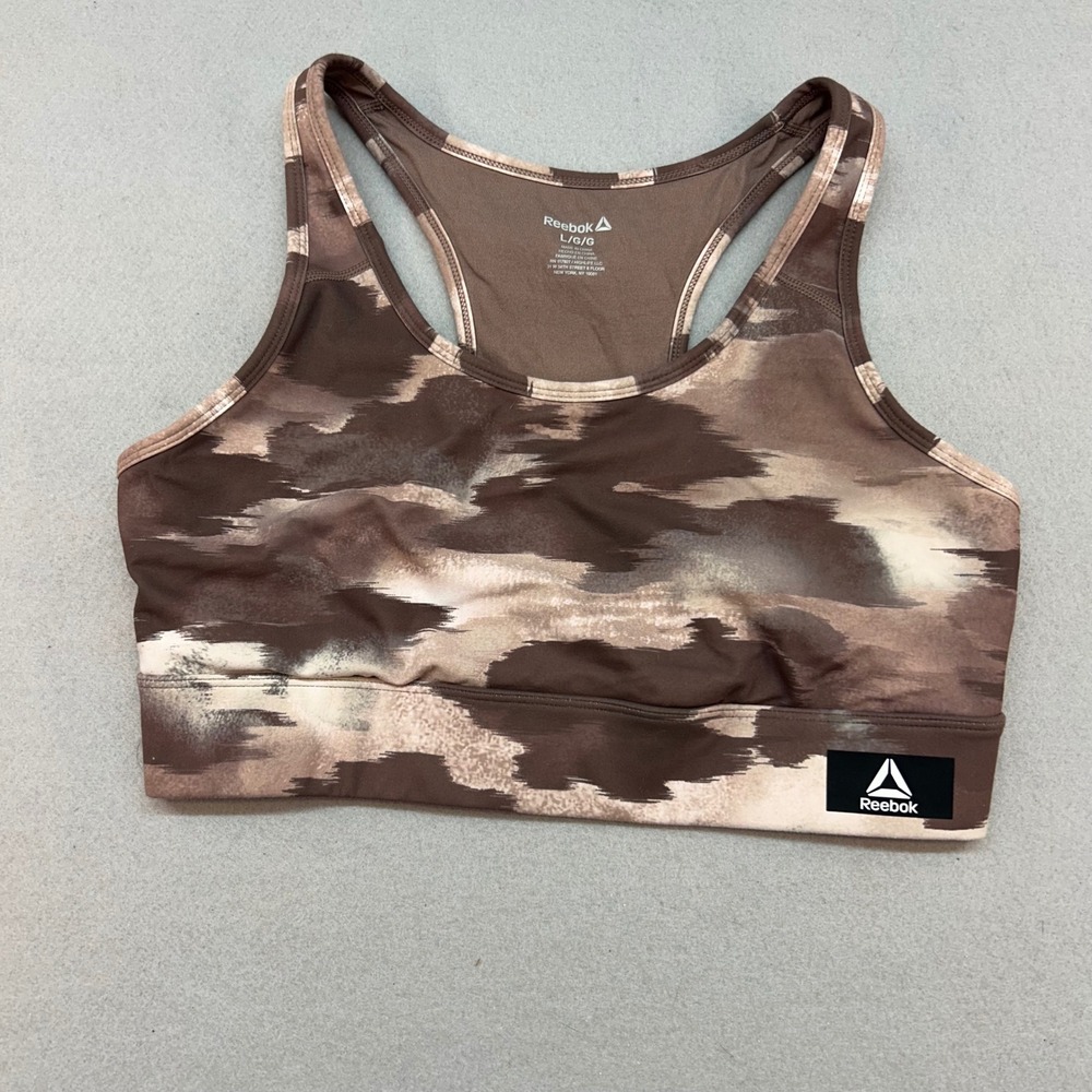 Reebok Brown Abstract Camo Racerback Sports Bra with Back Pocket REW233BR04 L
